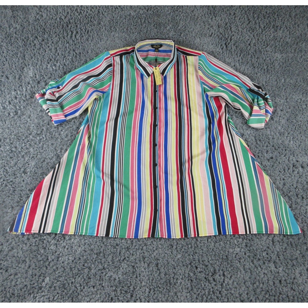 Melissa Paige Shirt Womens 1X Green Striped Long Sleeve Roll Tab Button Up NWT